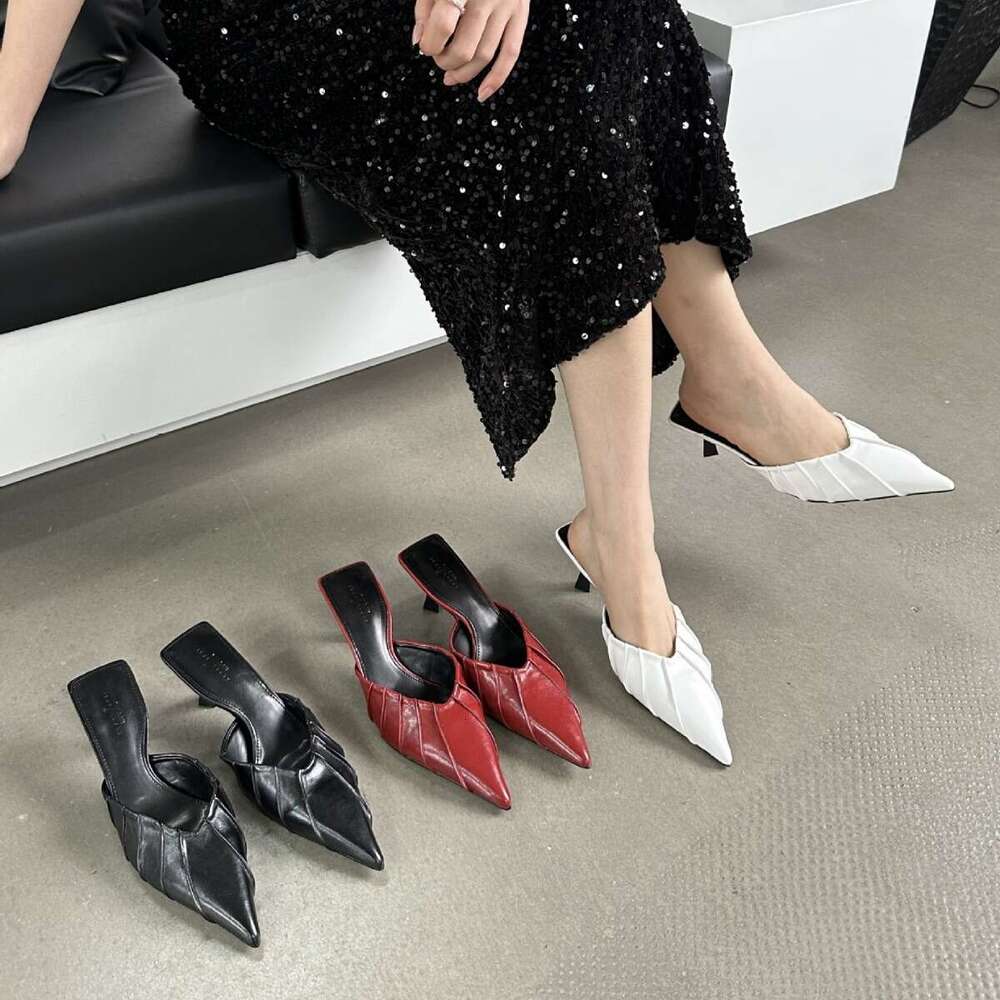 Pointed Sandals for Designer Shoe Women, Closed Toe Wrinkled Lazy Mules, 2025 New High Heel Half Slippers