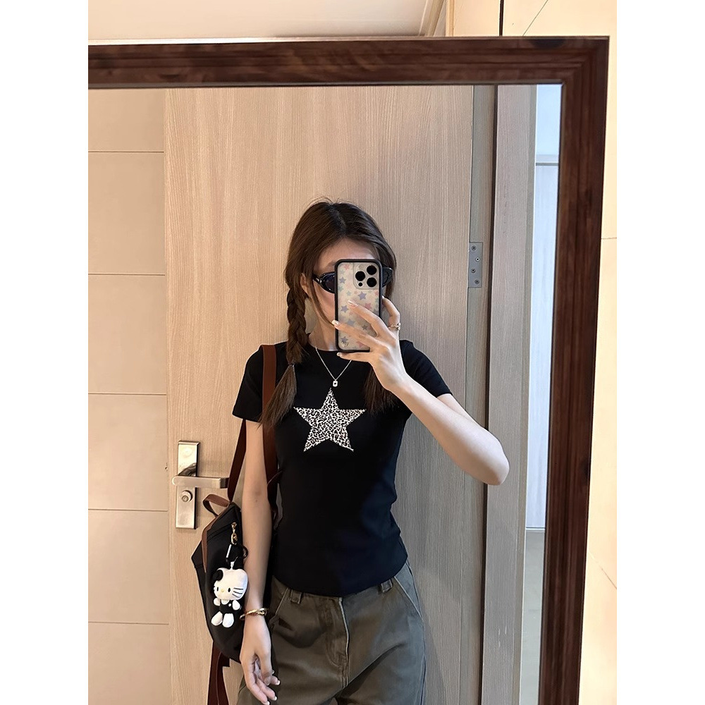 2025 American Retro Leopard Star Pattern Short Sleeve T-shirt Designer Pants Women's Summer Hot Girl Black Slimming New Autumn/Winter Design Top