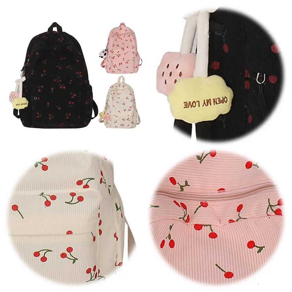 Corduroy Backpack Cherry Pattern Women Travel Daypack Adjustable Strap Laptop Backpack Rucksack for Work Shopping SchoolW251020