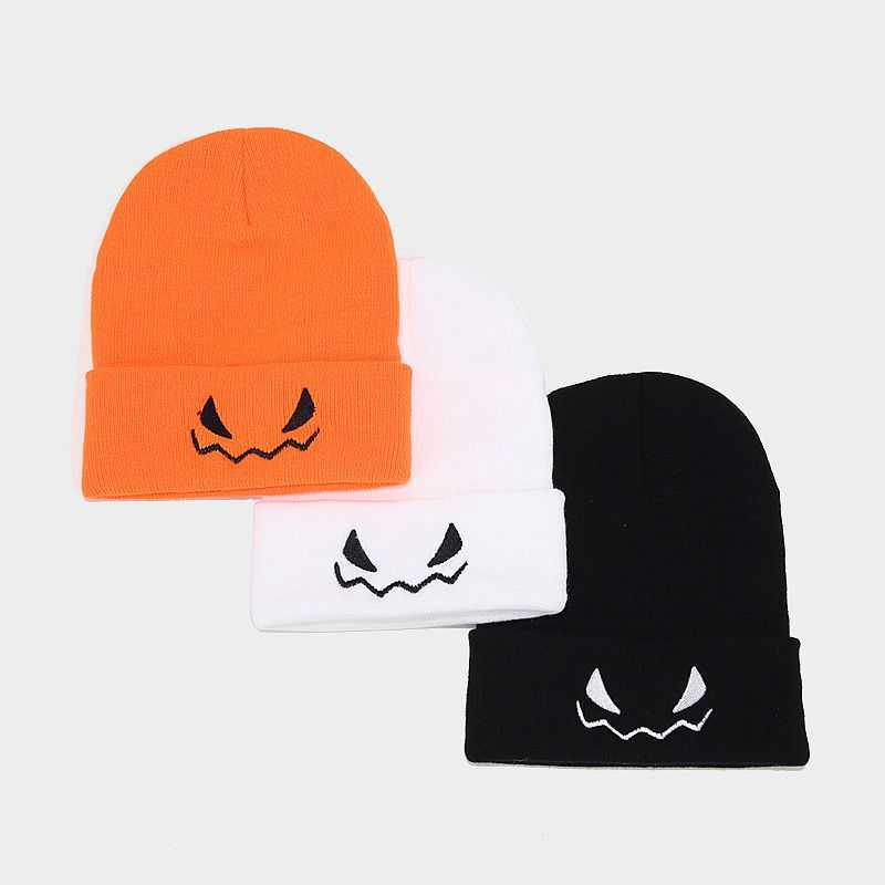 New Halloween Pumpkin Embroidered Orange Knitted Hat for Men and Women Mischievous Woolen Hoodie Trendy H251020