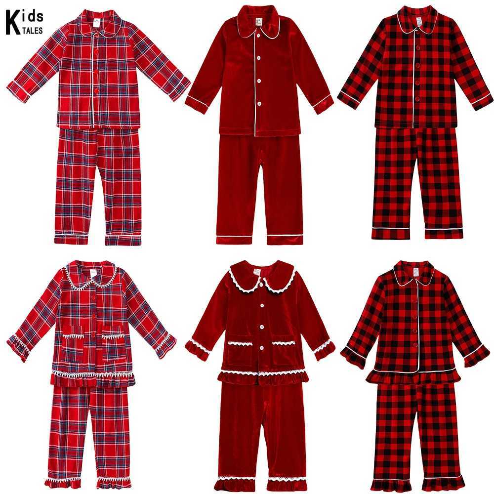2025 Kids Pajamas Christmas Classic Costume Red Velvet Plaid Suit Family Match Toddler Girl Dress Xmas Sets Children Boy Clothes L251021Q08E