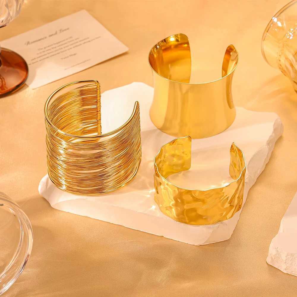 FTCY 3PCS Chunky Gold Color Cuff Bracelets for Women Irregular Minimalist Bangle Bracelets Set Open Wide Bangle Arm Cuff Jewelry J251021