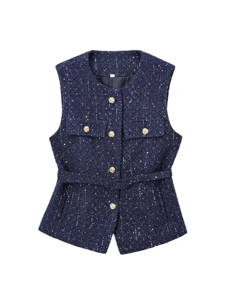 Womens Tweed Waistcoat with Belt O Neck Sleeveless Front Button Female Outerwear Chic Tops Fashion 251021