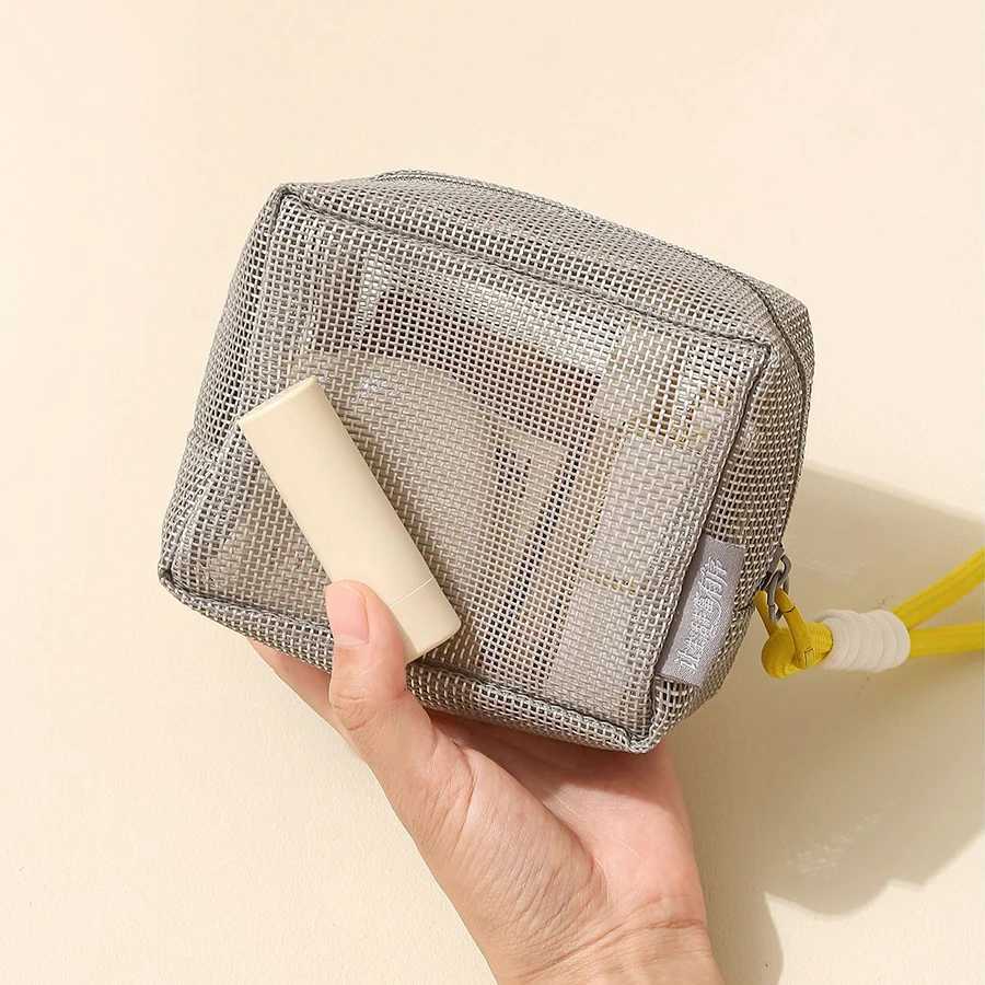 Portable Mesh Cosmetic Bag Grey Large Capacity Zipper Coin Purse with Handle Square Lipstick Key Storage PouchW251021