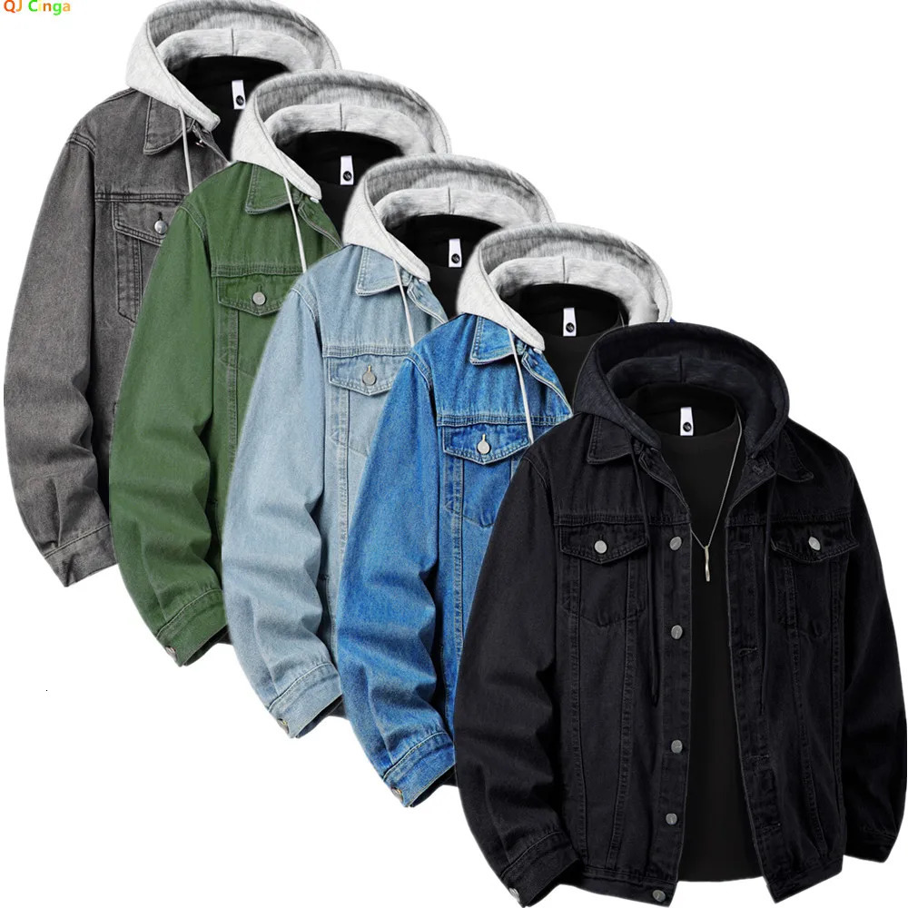 Autumn Green Mens Hooded Denim Jacket Detachable Hood Available in Gray Black and Blue 251010