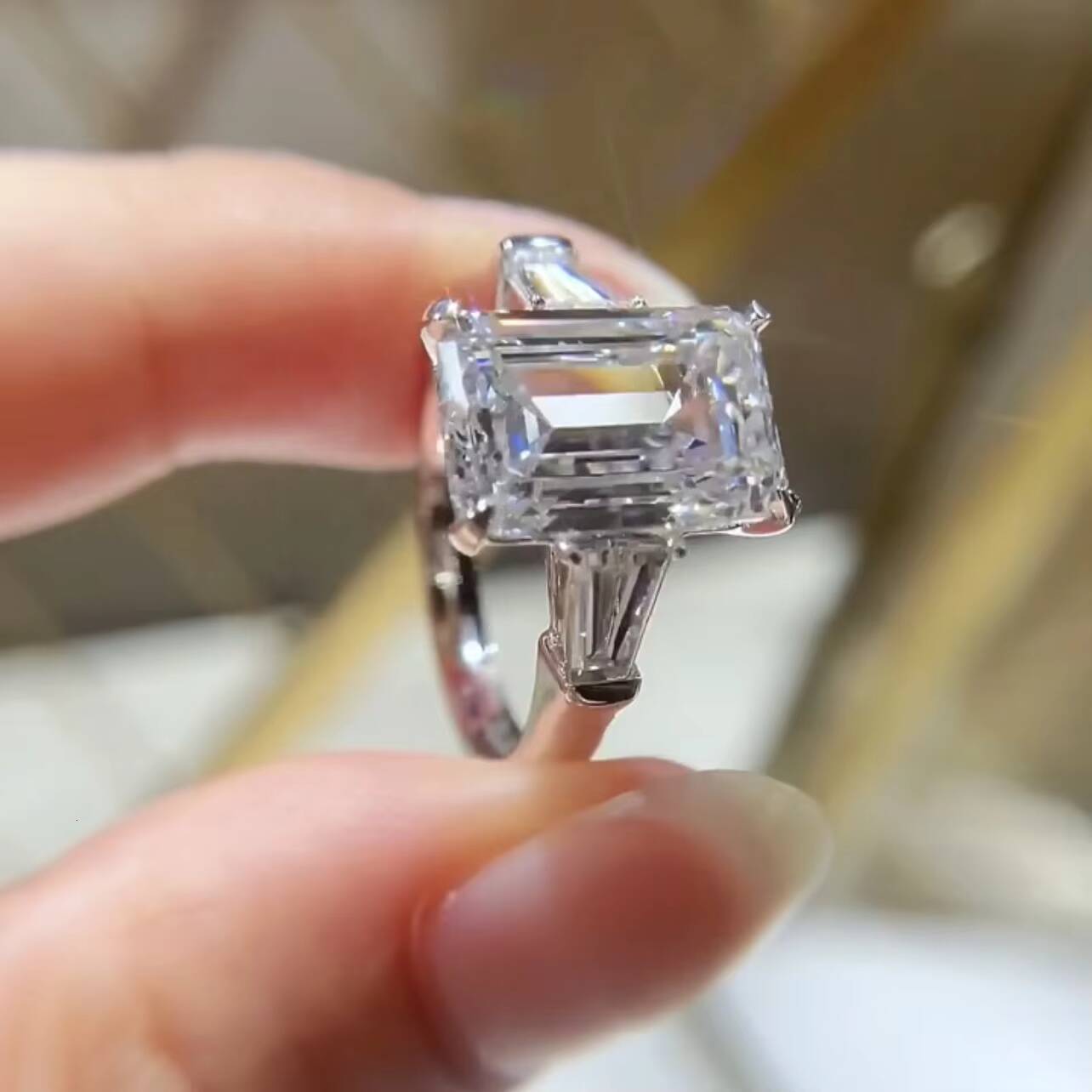 14K White Gold VVS DEF Color 4CT Emerald Cut CVD Lab Diamond Engagement Ring Three Stone Design
