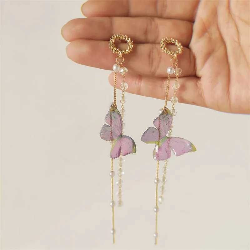Korean Temperament Long Tassel Butterfly Drop Earrings Elegant Pearl Crystal Hanging Womens Earrings Fashion Jewelry Party Gift J251021