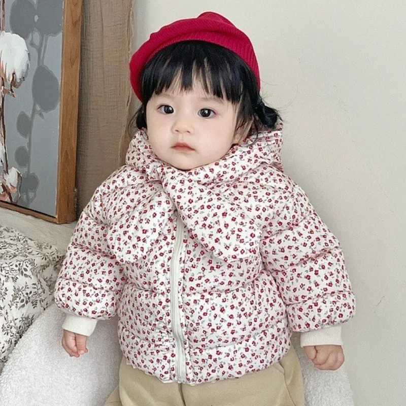 Baby Girls Korean Version Thick Floral Cotton Coat Winter Little Girls Stylish Hooded Scarf Warm Jacket Winter Cotton CoatT251021