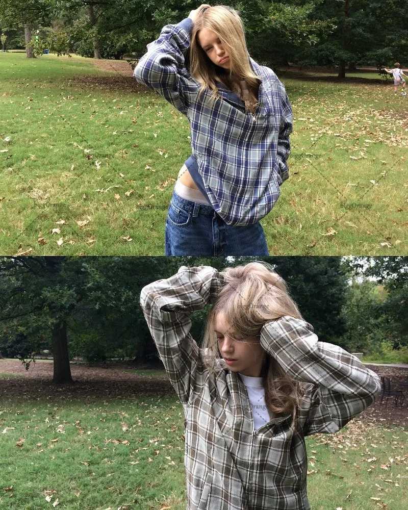 Harajuku Retro High Street Classic Plaid Zip Hoodie Women Y2K 2025 Hiphop Casual Fashion Vintage Loose Oversized Sweatshirt Men W251021