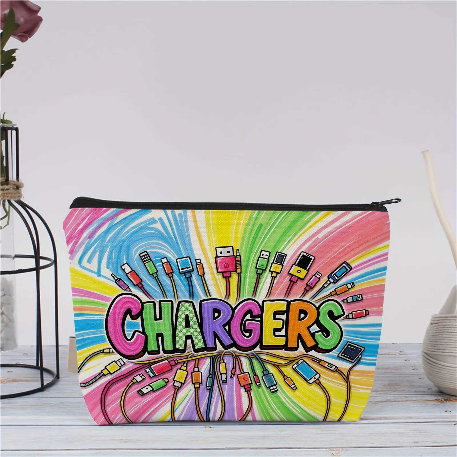 Crayon Drawing Style Charger Tech Illustration Makeup Bag Durable Fabric Zipper Pouch Compact Travel OrganizerW251021
