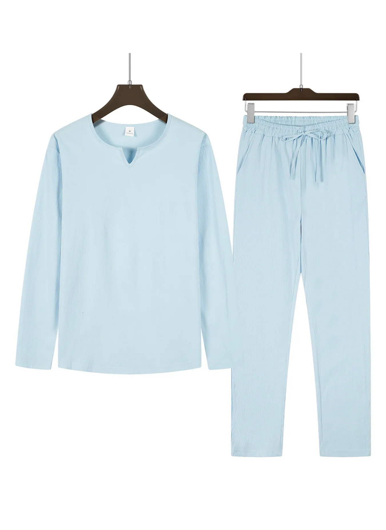 2pcs Set Mens Shirt and Pants Suits for Men Small Vneck Beach Wear Tracksuit Solid Color Shirts Sweatpants Hawaiian Vacation 251021