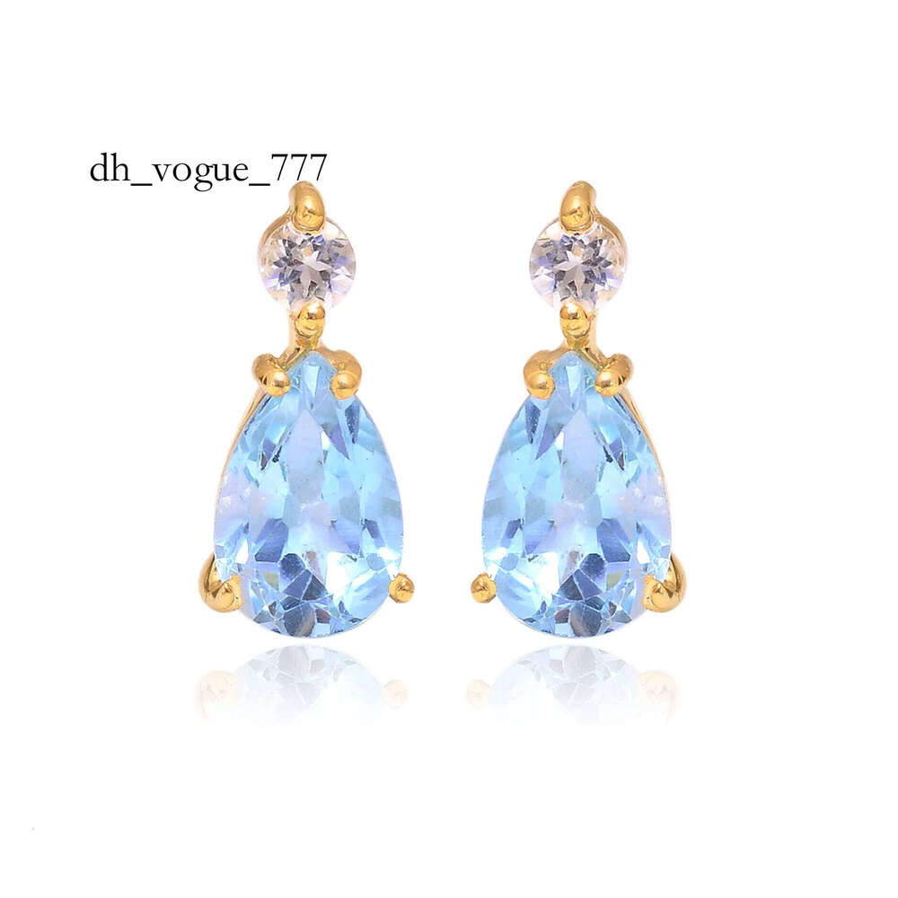 Pure Sier Natural Blue Topaz and Mosan Handmade Jewelry Gold-Plated Earrings
