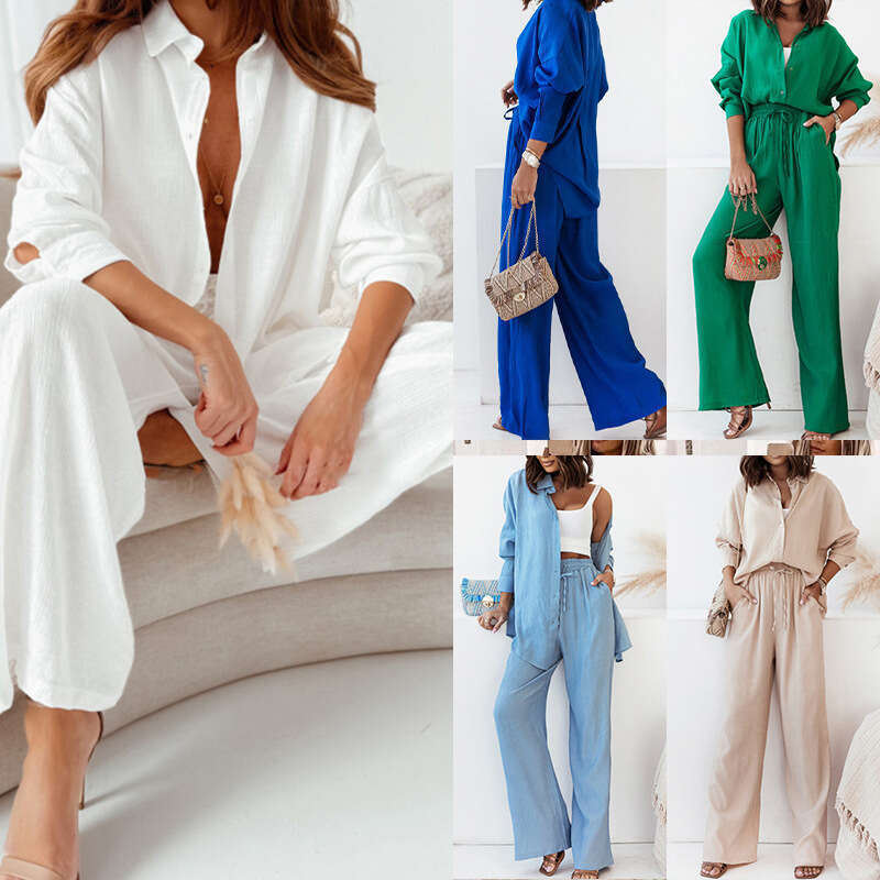2025 Women's Autumn New Fashion Elegant Solid Color Turn-down Collar Shirt High Waist Long Pants Two-piece Set