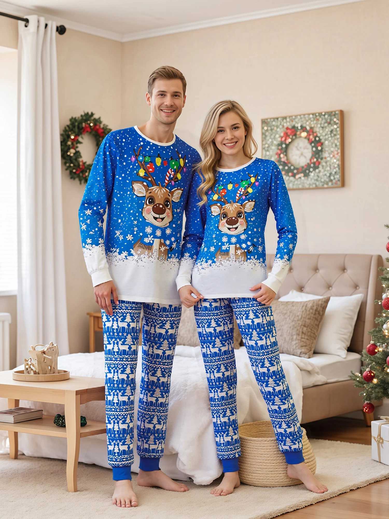 Christmas Family Pajamas Matching Set Long Sleeve Snowflake Print Top with Reindeer Print Bottoms Sleepwear Loungewear L2510213G08