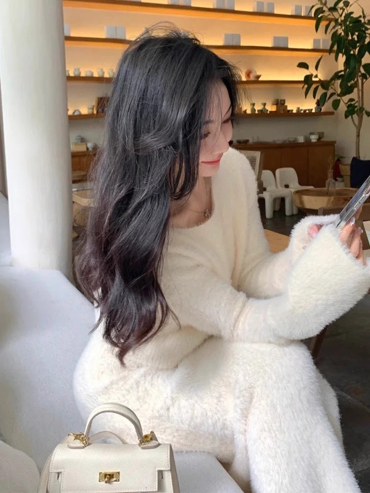High End Soft Small Fragrant Style Mink Fur Knitted Sweater TwoPiece Set Women Temperament Long Skirt 2 Piece Outfits 251013