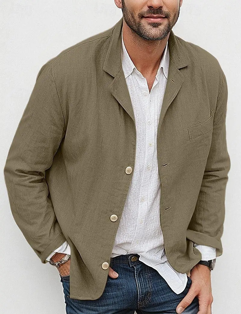 Mens Loose Simple Solid Color Small Suit LongSleeved Jacket Cotton and Linen Temperament Small Suit 251021