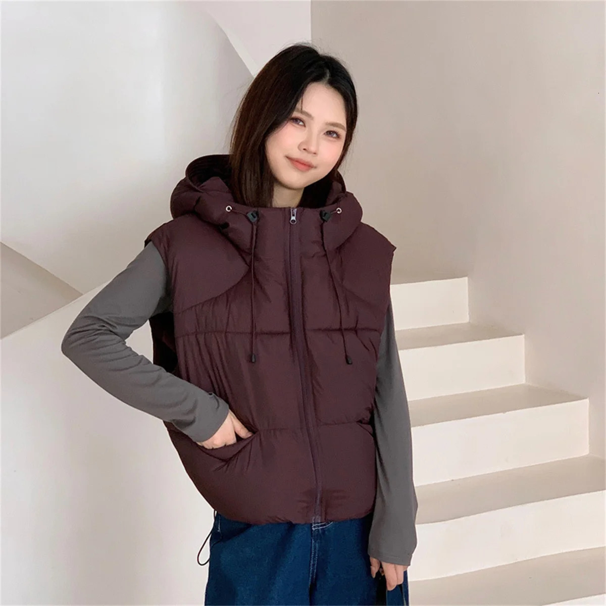 Women Autumn Winter Zip Up Vest Solid Sleeveless Fashion Hooded Waistcoat Lady Casual Street Thick Clothes Warm Outfit Coat 251021