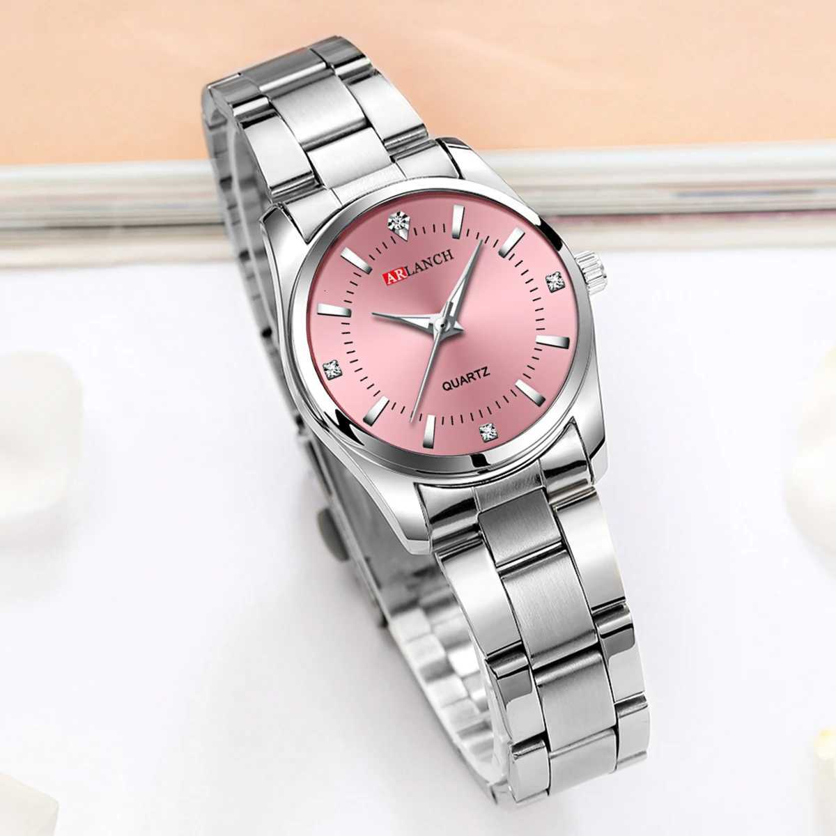 Luxury Womens 29mm Fashionable Stainl Steel Rhinestone Pink Minimalist Girl Clock Outdoor Travel Women Wrist esXJ251021