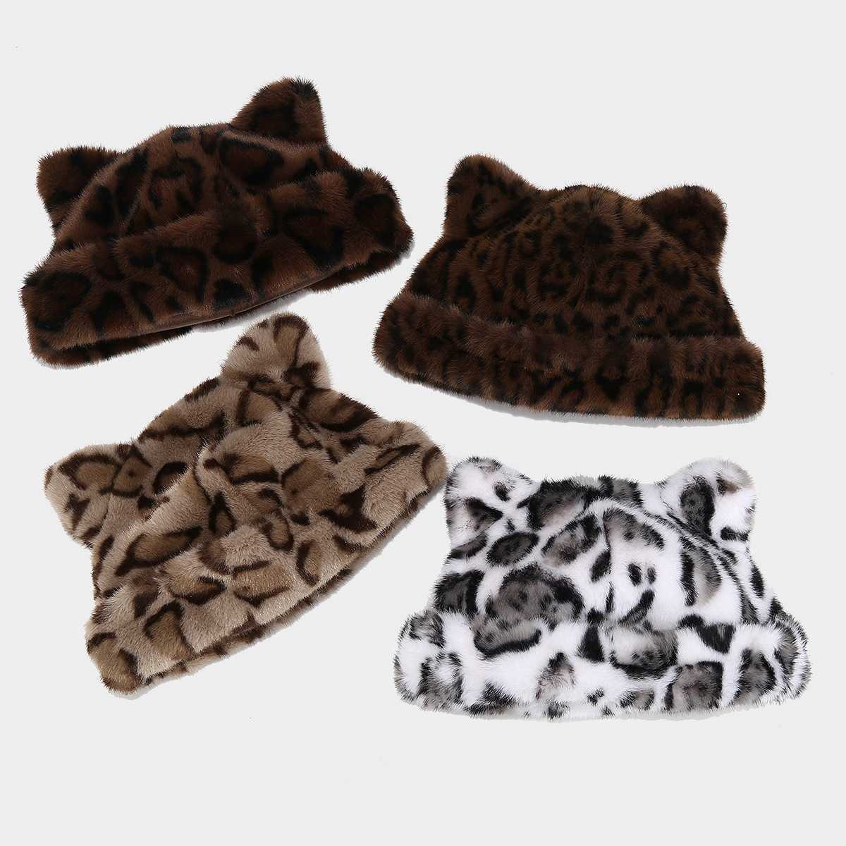 Fox Ear Leopard Print Plush Hat for Women Autumn and Winter Versatile Headwrap Hat Thickened Coldproof Warm Pullover Hat H251020