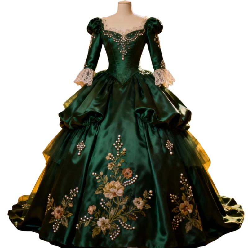 Vintage Victorian Dark Green Prom Dresses Embroidery Floral Ball Gown Satin Evening Gowns Pearls Beaded Ruched Luxurious Women Special Occasion Dress