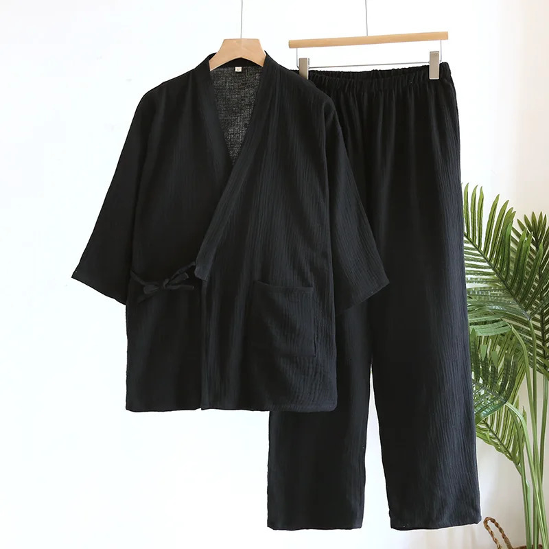 Large Size Kimono Robes with Pocket and Long Pants 2 Pcs Pajamas Set for Men Sleepwear Clothes Cotton Pjamas for Men 251021