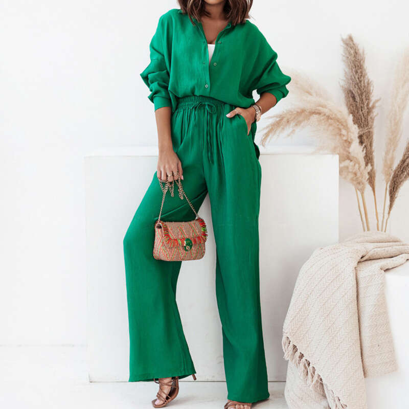 2025 Women's Autumn New Fashion Elegant Solid Color Turn-down Collar Shirt High Waist Long Pants Two-piece Set