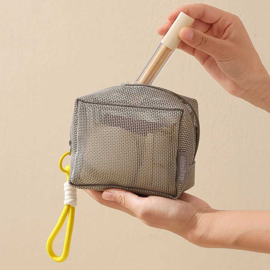 Portable Mesh Cosmetic Bag Grey Large Capacity Zipper Coin Purse with Handle Square Lipstick Key Storage PouchW251021