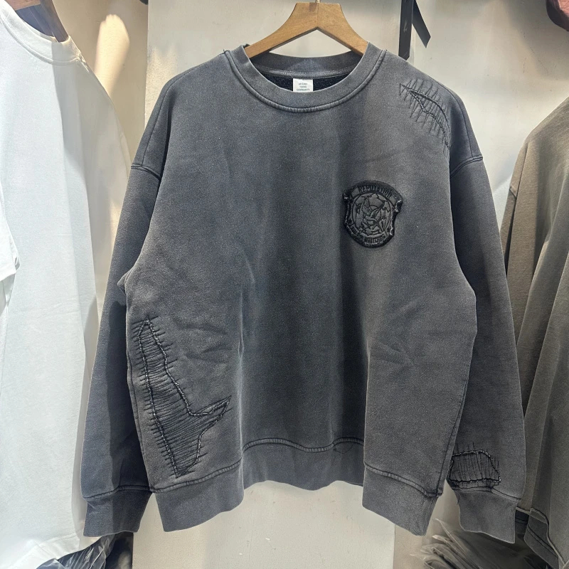 Streetwear Vintage Washed Black Stitching Patch Embroidery Sweatshirts Men Women Couple Casual Crewneck Cotton Pullovers