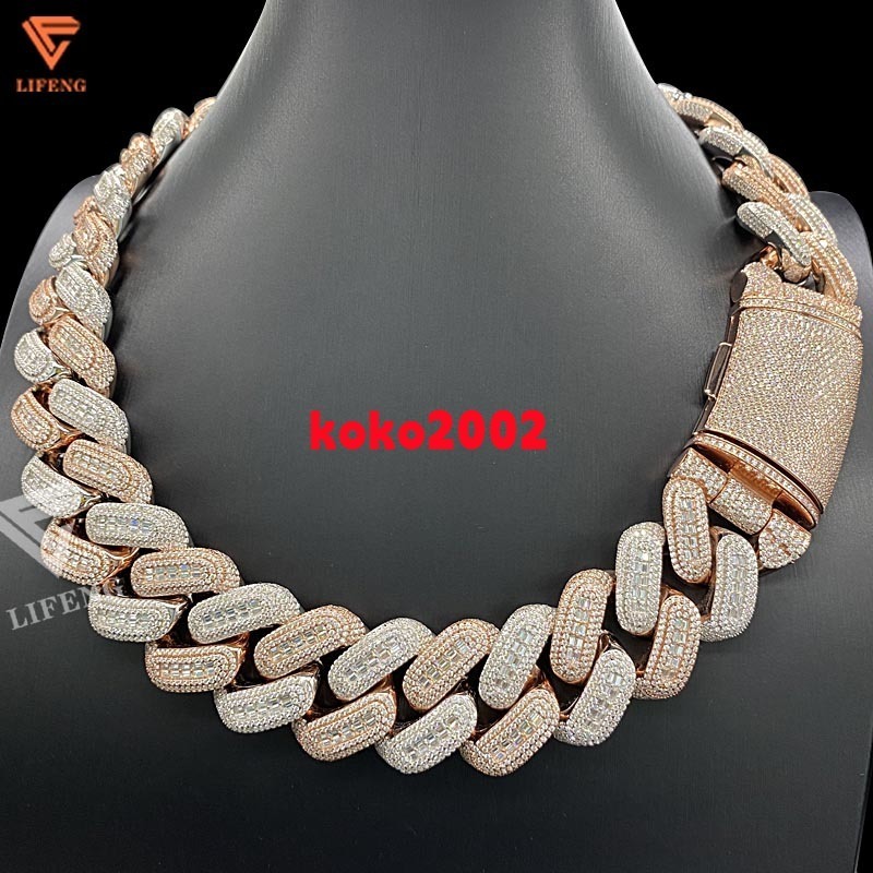 Baguette Cut Necklace Hip Hop Popular Special 26MM Big Size Two Tone Silver Mixed Rose Gold Men Moissanite Cuban Link Chain
