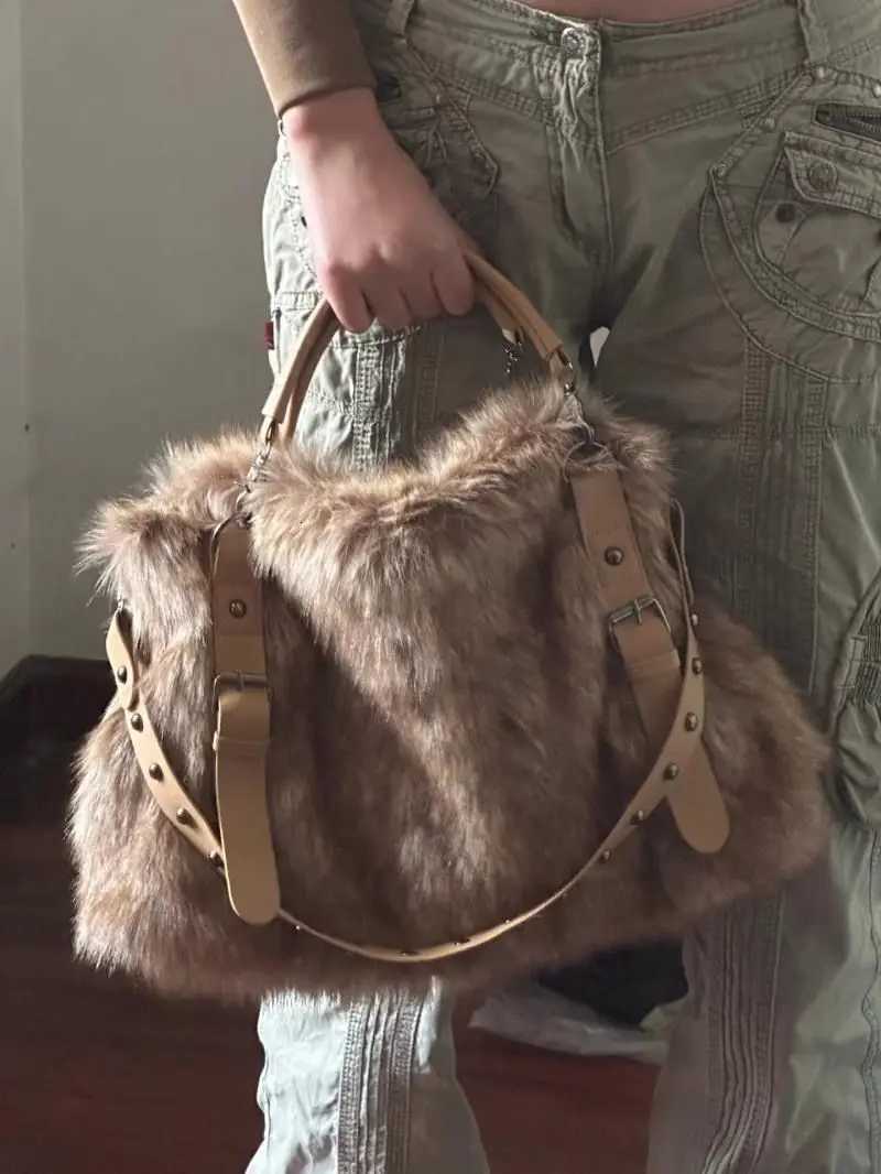 JIAERDI Plush Large Capacity Tote Bag Women Vintage Autumn Winter Fur Soft Khaki Handbag Female Retro Casual Messenger Bag Y2k Z251018