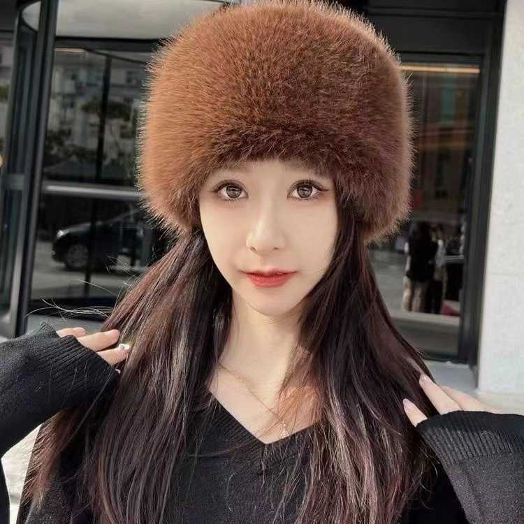 New Faux Fur Fox Fur Flat Top Hat Plush Bucket Hat Thickened Warm Ear Protection Round Top Fairy Hat H251020