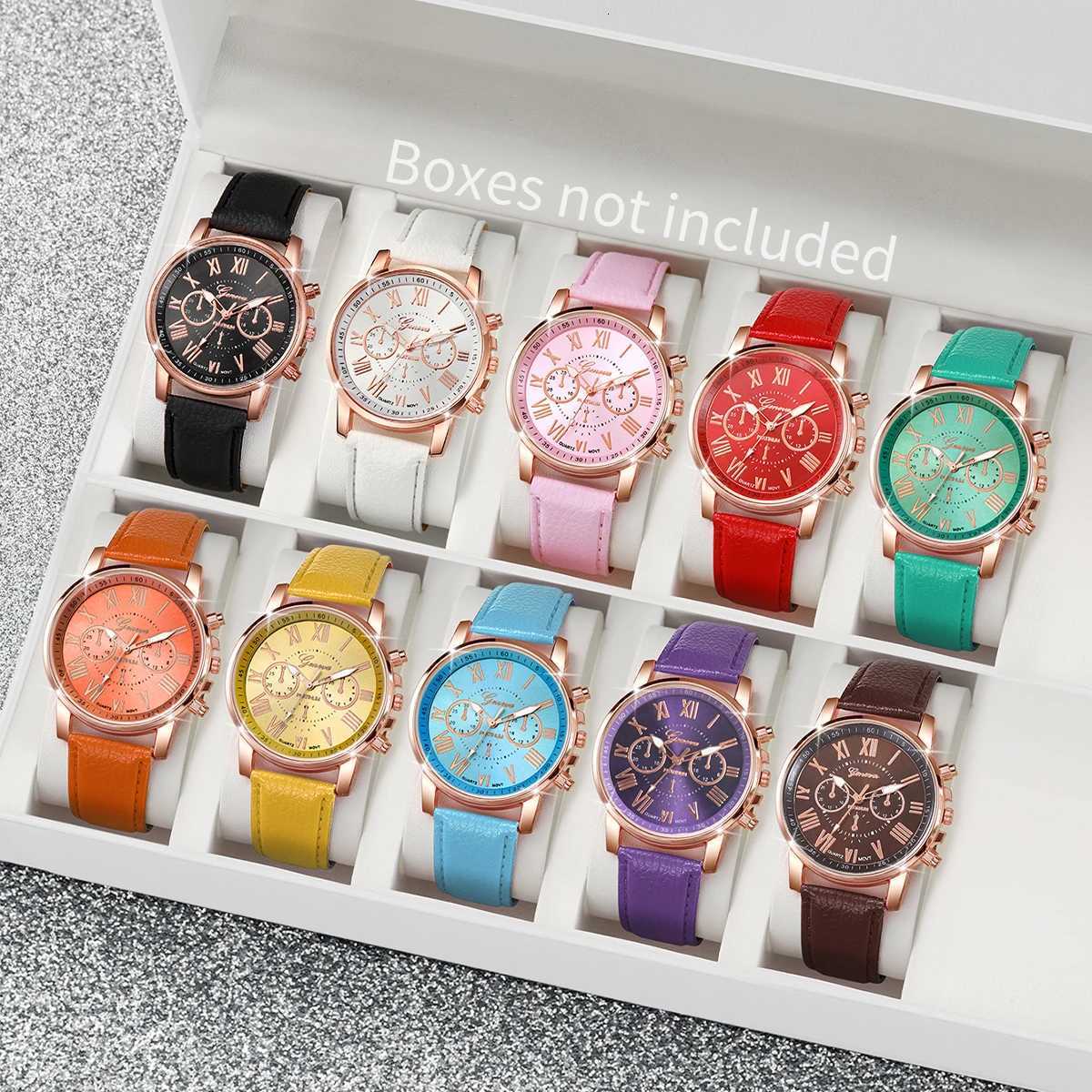 10PCS Women es Set Fashion Roma Dial Ladies Quartz Casual Leather Band Wristes Relogio Feminino Reloj MujerXJ251021
