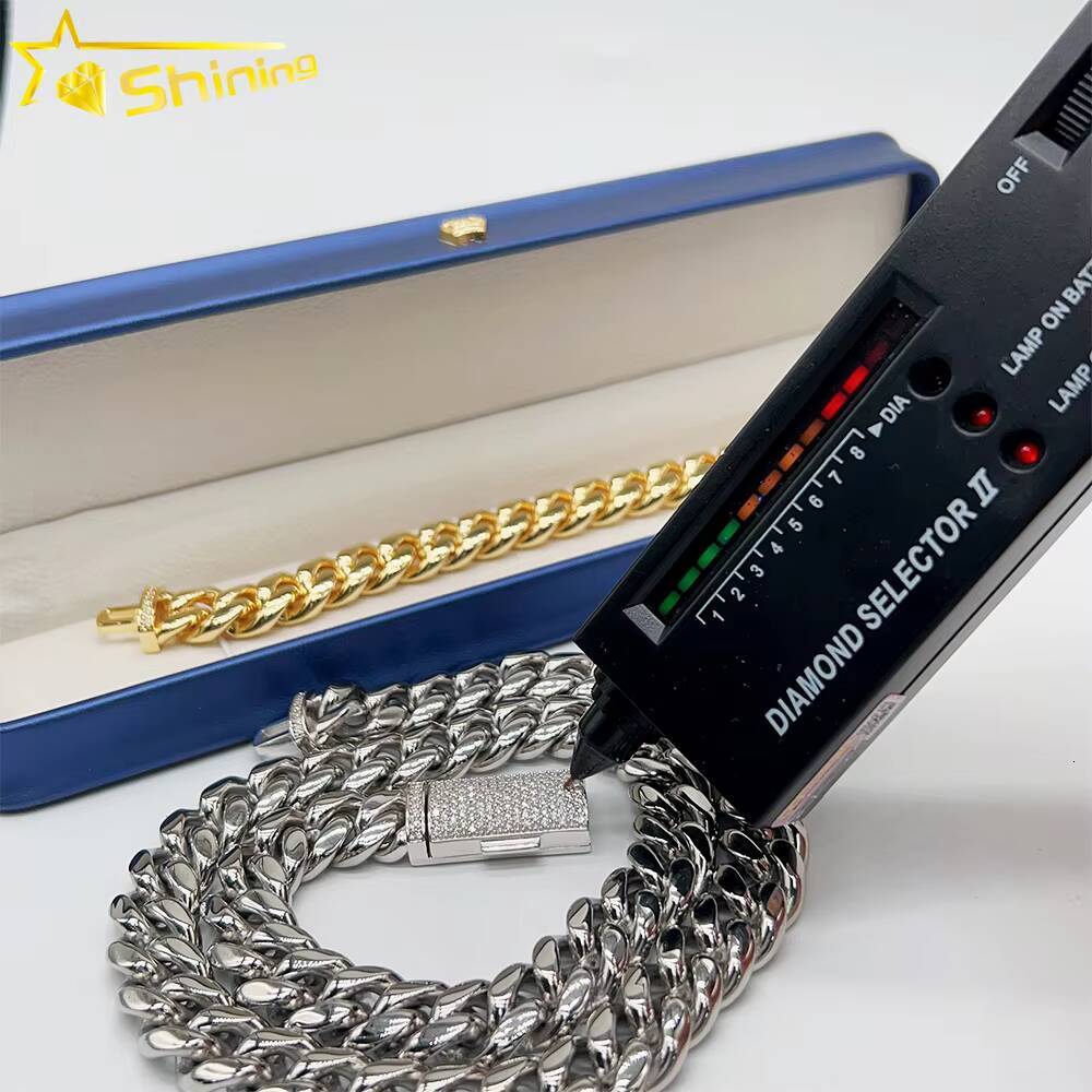 Hot Sale Stainless Steel Jewelry Necklace 925 Silver Iced Out Moissanite Box Lock 14mm Stainless Steel Cuban Link Chain