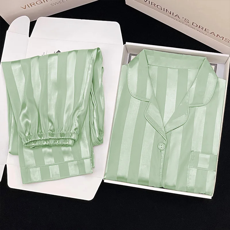 Womens Pajamas Sets Spring Autumn 2 Piece Striped Pyjama Faux Silk Satin Sleepwear Long Sleeve Button Pijama Mujer Pjs Homewear 251021