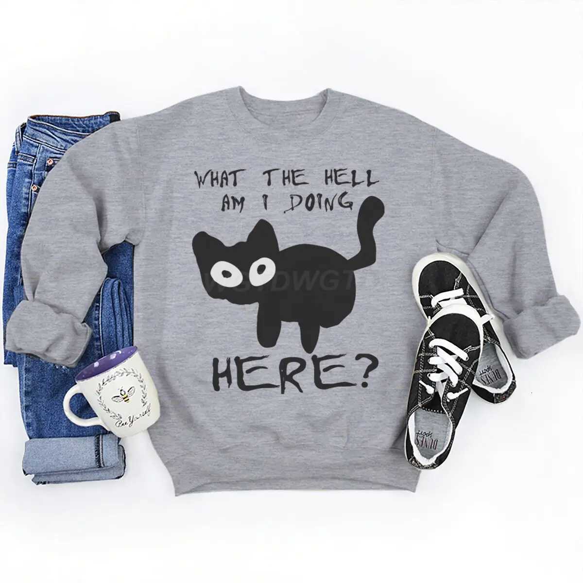 Mens Funny Cat Fashion Casual Hoodies Sweatshirts What The Hell Am I Doing Here Graphic Sweatshirt Street Men Women Clothing W251021