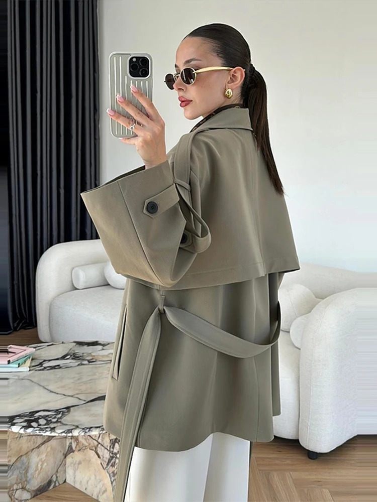 Elegant Trench Coat With Belt Womens Slim Vneck Full Sleeve Lapel Overcoat Autumn Winter Ladies Solid Streetwear 251021
