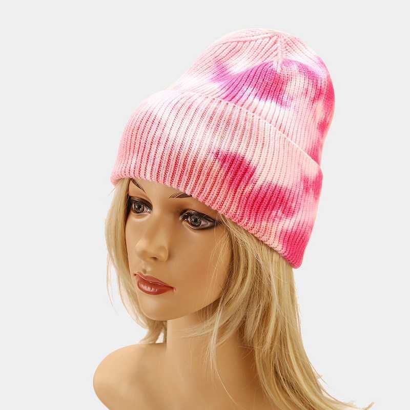 New Tie Dyed Knitted Hat Womens Autumn and Winter Outdoor Warm Hat Core Spun Yarn Crimped Wool Hat H251020