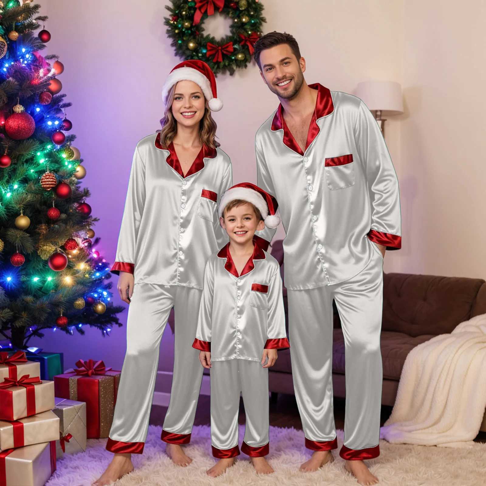 2025 Family Christmas Pajama Matching Sets Silk Satin Plus Size Casual Sleepyheads Home Wear Pajamas Holiday Hot Selling L251021ALPK