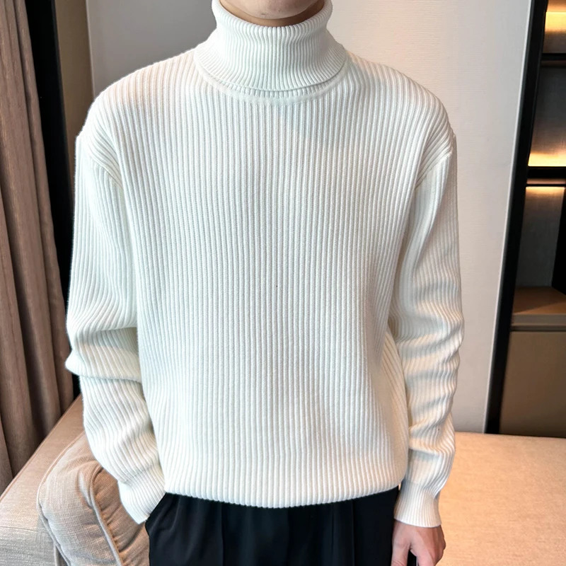 Casual Pullover Men Knit Turtleneck Sweater Autumn Winter Jacquard Striped Solid Korean Fashion Streetwear Clothing 251016