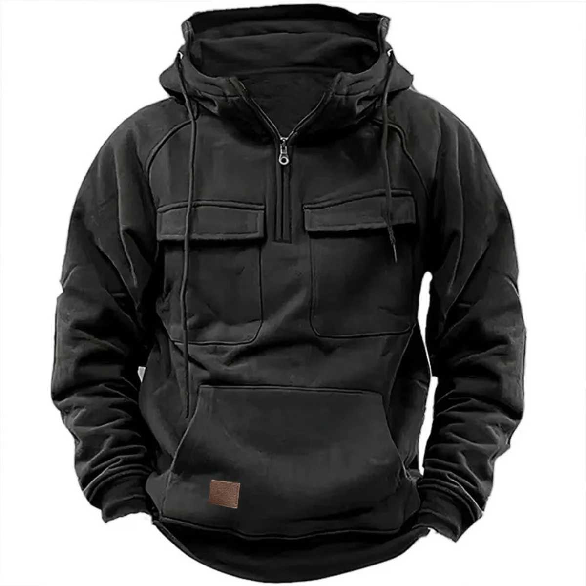 New autumnwinter mens hooded solidcolor casual hoodie fashionable young mans multipocket patch hoodie pullover shirt W251021