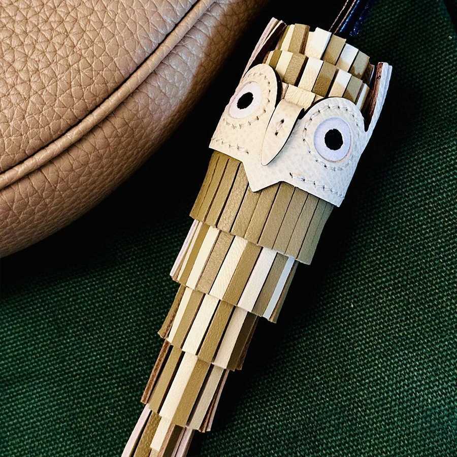 New Cowhide Handsewn Tassel Owl Bag Charm Chouette Genuine Leather Bag Pandent Keychain Bag Accessories J251121