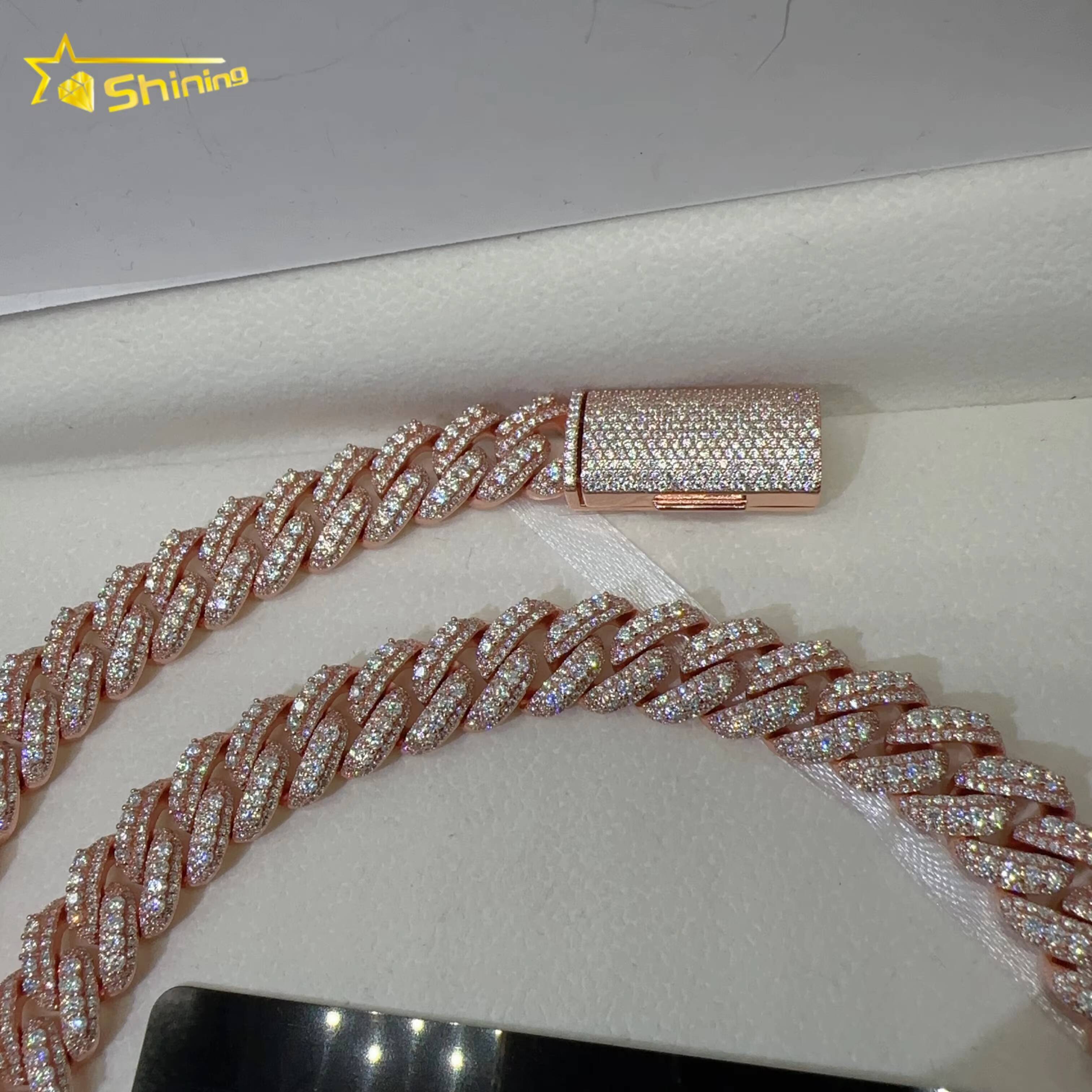Hip Hop Jewelry 13MM Iced Out Cuban Necklace 925 Silver Rose Gold Plated VVS D Color Infinity Link Moissanie Cuban Link Chain