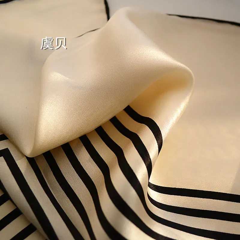 High quality natural silk satin scarf women black white striped printed shawl scarves big size square bandana wrap gift for lady W251021