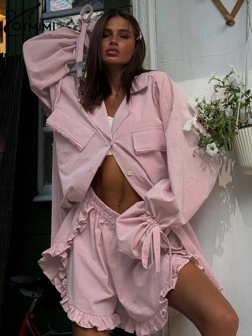 Oymimi Elegant Pink Cotton Sets For Women 2 Pieces Fashion Pockets Long Sleeve LaceUp Shirts And High Waist Ruffled Shorts Sets 251013