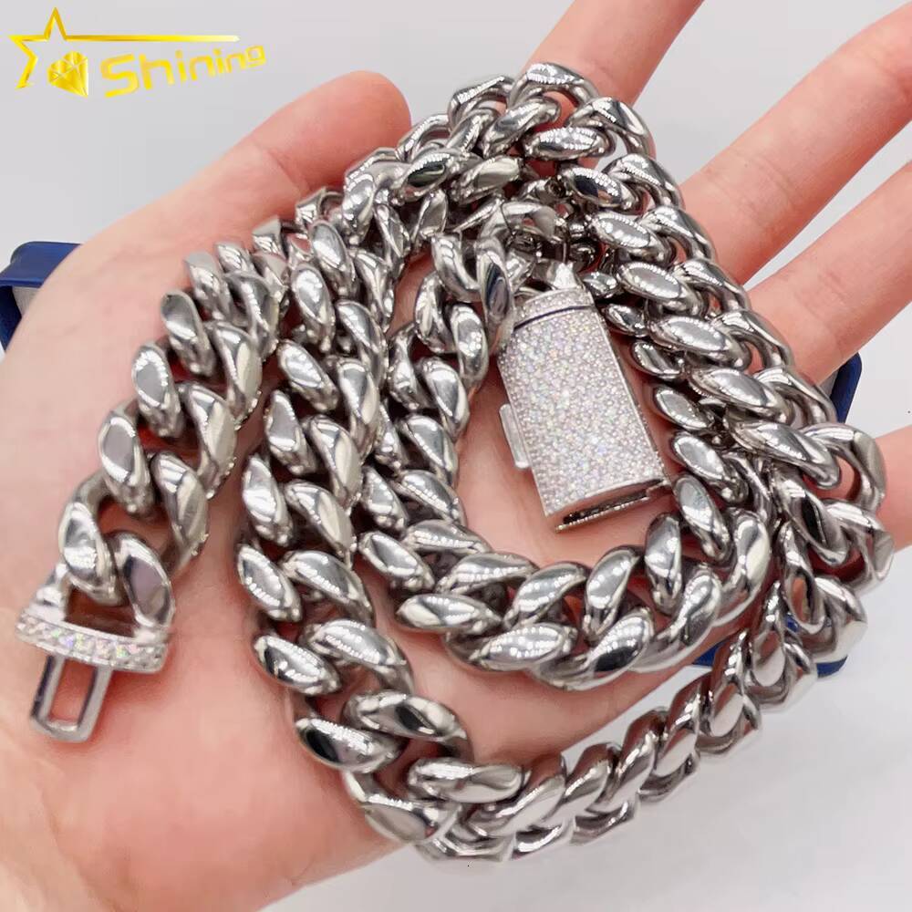 Hot Sale Stainless Steel Jewelry Necklace 925 Silver Iced Out Moissanite Box Lock 14mm Stainless Steel Cuban Link Chain