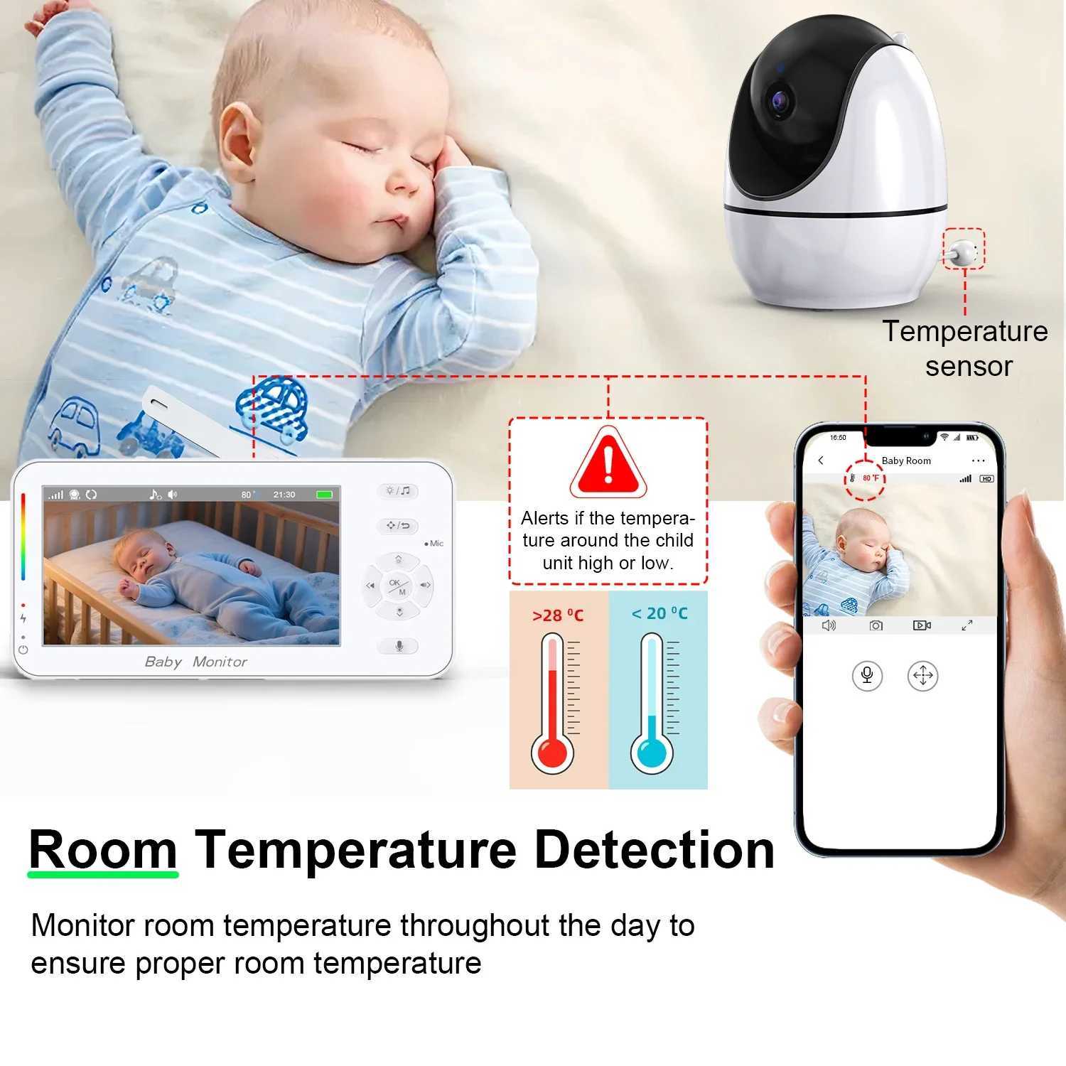 43Inch Baby Video Monitor with 4x Zoom Camera MotionSound Detection Soft Night Light Dual Control APP Wireless Monitor J251121