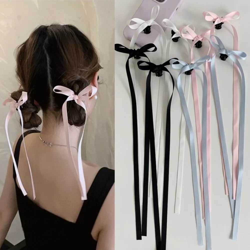 2Pcs Y2K Long Bow Hair Clip Women Girls Ribbon Bow Shark Clip Cute Korean Long Tassel Ribbon Hairpin Girls Hair AccessoriesW254021