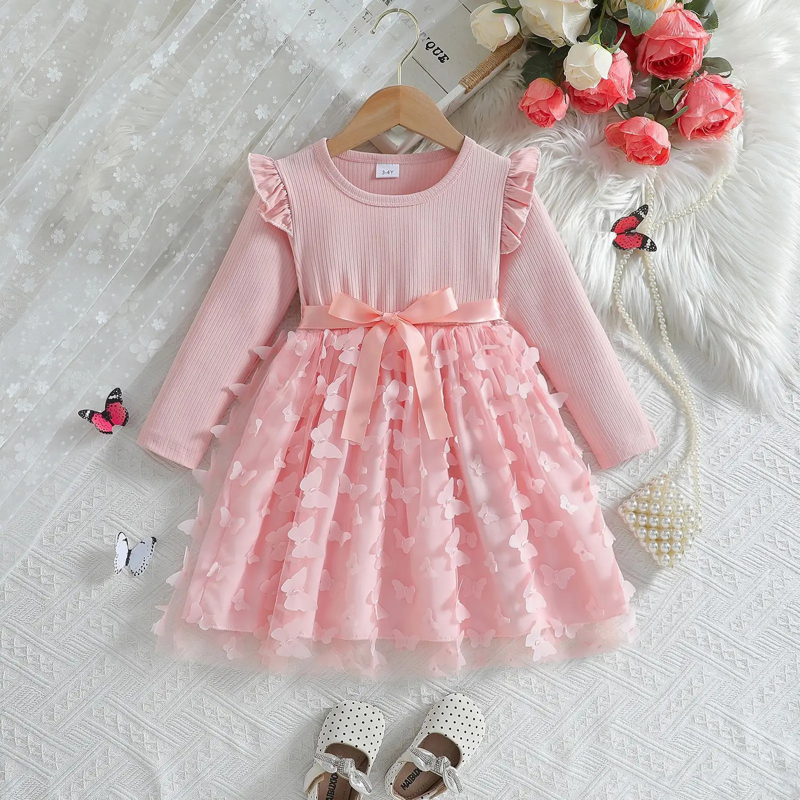 Custom Made Girls Dresses Girl Three Butterfly Sweet Mesh With Belt Long Sleeved Dress Vestidos De Beb 251021