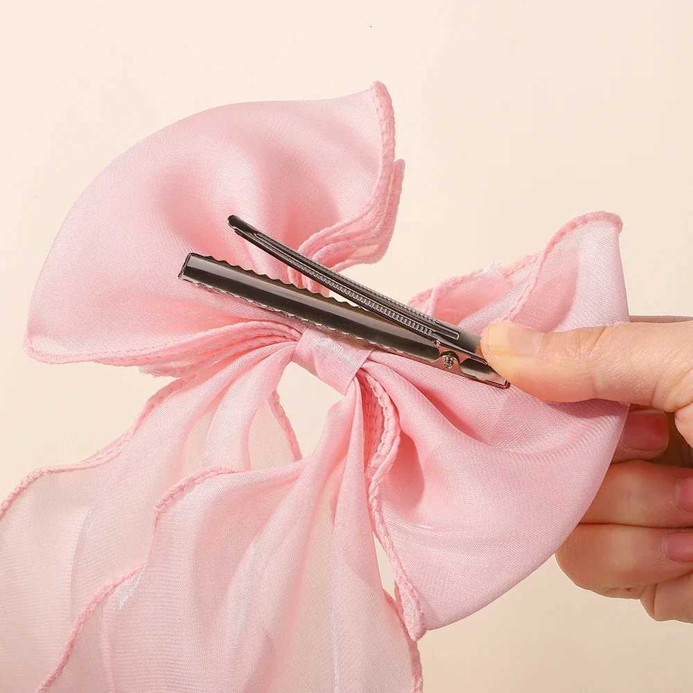 Chiffon Bow Hair Clips Girls Blue Shining Satin Bowknot Hair Clips Ribbon Bow Barrette Sweet Hairpin Grip Ponytail Clip HeadwearW254021