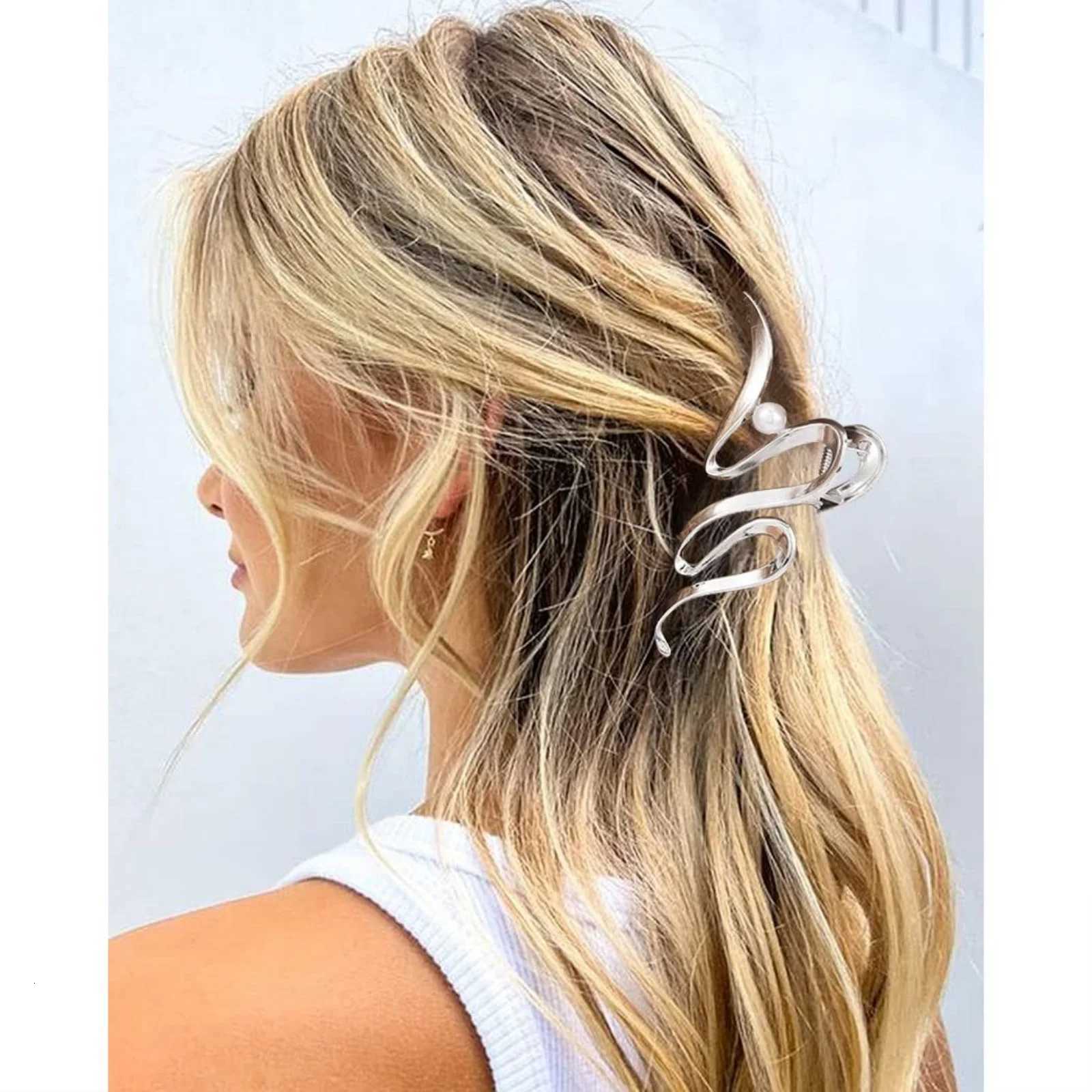 1PC Gold and Silver S Shaped Hair Clamps Pearl Accented Hair Accessories Trendy Clips for Womens Updo HairstylesW254021